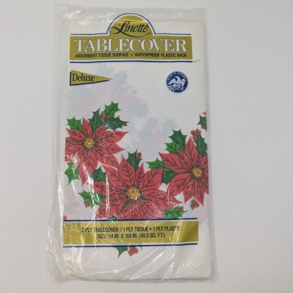 NEW Linette Waterproof Plastic Absorbent Tissue Surface Poinsettia Tablecloth